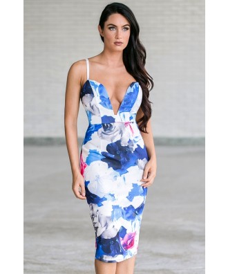 Blue and White Printed Cockail Pencil Dress