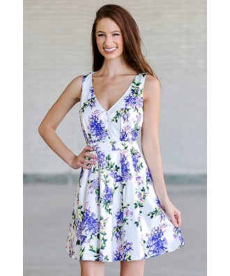 Purple Floral Print A-Line Dress, Cute Summer Dress