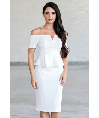 Off White Off Shoulder Peplum Pencil Dress, Cute Work Sheath Dress