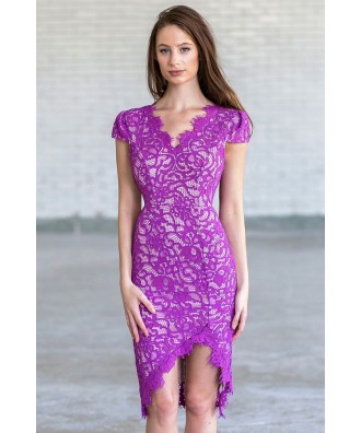 Magenta Purple Lace Cocktail Dress | Summer Lace Pencil Dress