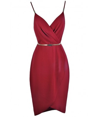burgundy red wrap dress, cute burgundy party dress