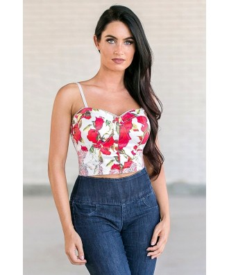 Rose Print Crop Top, Cute Red and White Juniors Top