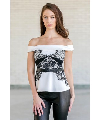 Cute black and white lace off the shoulder top
