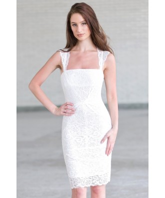 White lace cocktail dress, white rehearsal dinner dress