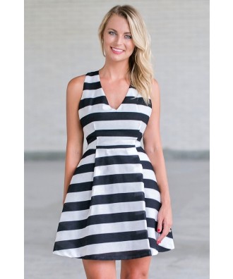 black and white stripe party dress, cute A-line dress 