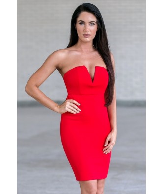 Red strapless cocktail dress