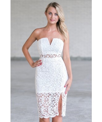 Cute White lace Strapless Midi Dress