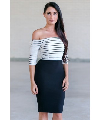 black and white stripe off the shoulder pencil dress, cute cocktail dress