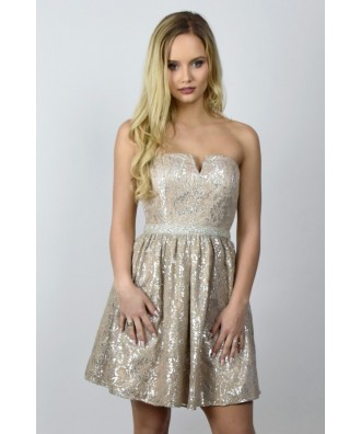 Silver Metallic Lace Rehearsal Dinner Party Dress
