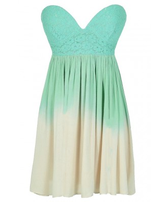 Green and Beige Ombre Strapless Dress, Lace Ombre Dress, Green Lace ...