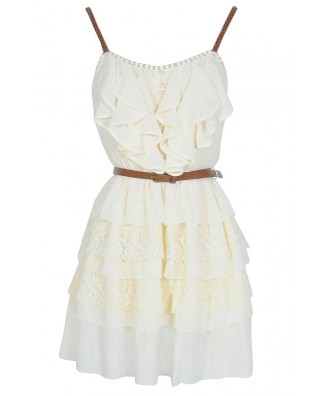 Nashville Nostalgia Belted Ruffle Dress in Ivory Lily Boutique