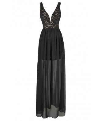 Black Lace Maxi Dress, Cute Black Lace Dress, Chiffon and Lace Dress ...