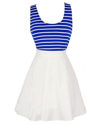 Cute Blue and White Striped Dress, Colorblock Blue and White Skater ...