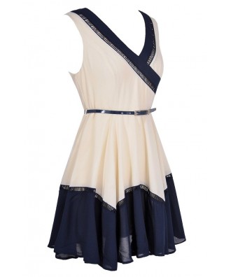 Cute Colorblock Dress, Navy and White Dress, Belted Navy Dress, Cute ...