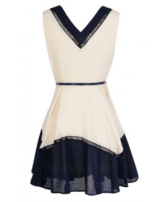 Cute Colorblock Dress, Navy and White Dress, Belted Navy Dress, Cute ...