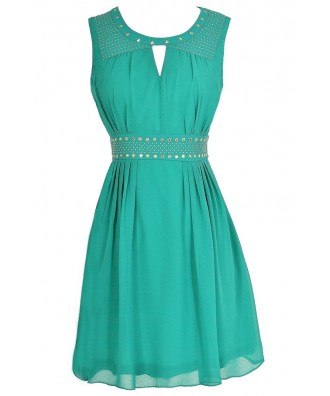 Green Studded Summer Dress, Green Embellished Dress, Cute A-Line Green ...