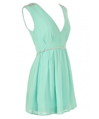 Mint Green Beaded Shoulder Dress, Mint Embellished Party Dress, Cute ...