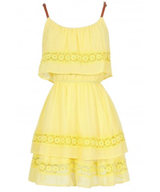 Cute Summer Dress, Bright Yellow Tiered Crochet Lace Dress, Bohemian Summer Dress, Bright Yellow Layered Dress