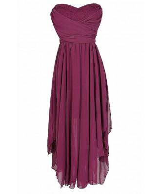 Berry Purple Chiffon and Lace Midi Dress, Berry Purple Chiffon Party Dress