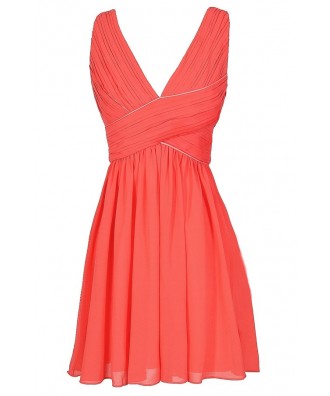 Cute Coral Chiffon Dress, Coral Chiffon Party Dress, Cute Coral Summer Cocktail Dress