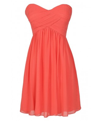 Cute Coral Chiffon Strapless Bridesmaid Dress, Cute Chiffon Coral Party Dress, Coral Chiffon Dress