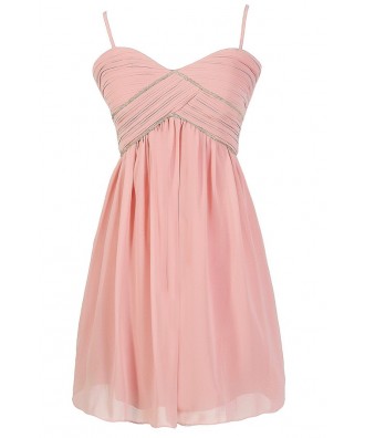 Pink Embellished Chiffon Dress, Pink Beaded Prom Dress, Pink Beaded Bridesmaid Dress, Pink Beaded A-line Party Dress