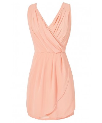 Peach Chiffon Party Dress, Peach Tulip Skirt Dress, Cute Juniors Dress