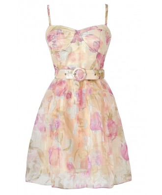 Pink and Ivory Belted Floral Sundress, Pink and Ivory Floral Print Dress, Cute Juniors Dress, Cute Floral Print Dress