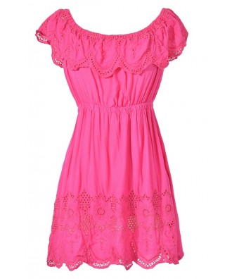 Hot Pink Eyelet Lace Ruffle Tunic, Cute Hot Pink Bohemian Tunic, Cute ...