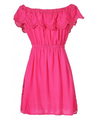 Hot Pink Eyelet Lace Ruffle Tunic, Cute Hot Pink Bohemian Tunic, Cute ...