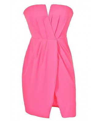 Neon Pink Chiffon Dress, Hot Pink Summer Party Dress, Neon Pink Tulip Skirt Dress