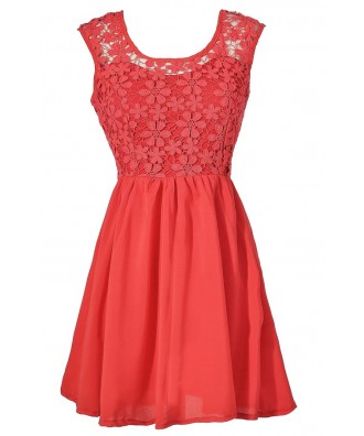 Bright Red Crochet Lace A-Line Party Dress, Red Crochet Lace Summer Dress, Red Lace Bridesmaid Dress