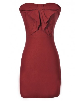 Burgundy Wine Fitted Cocktail Bow Front Pencil Dress, Burgundy Red Wine Strapless Bow Front Party Dress