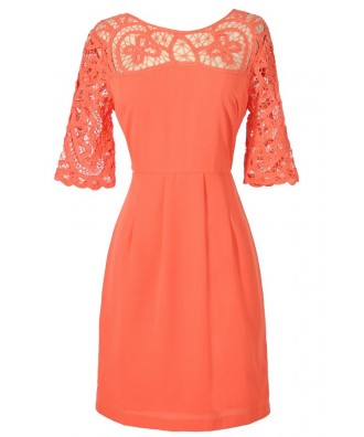 Orange Coral Crochet Lace Sheath Dress, Cute Orange Coral Summer Dress, Cute Juniors Crochet Lace Sheath Dress