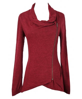 Cute Red Burgundy Crossover Sweater Jacket Top, Cute Red Casual Crossover Jacket