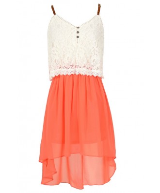 Orange Coral and Ivory Lace and Chiffon Flutter Top High Low Dress, Cute Orange Coral and Ivory Lace Summer Dress, Cute Juniors Dress