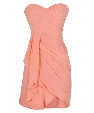 Peach Chiffon Drape Party Dress, Cute Peach Chiffon Bridesmaid Dress, Strapless Peach Chiffon Dress, Cute Peach Summer Dress