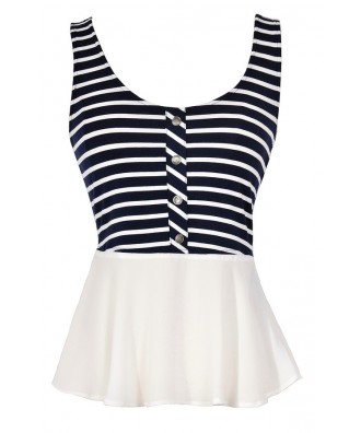 Navy and White Stripe Peplum Top, Navy and White Nautical Style Top, Stripe Casual Summer Top