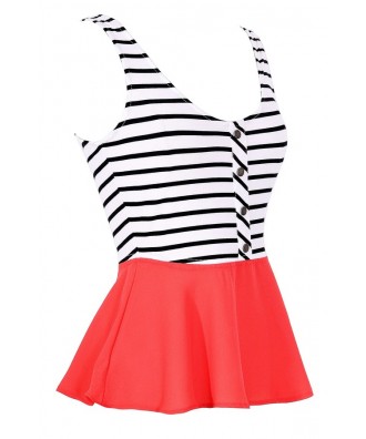 Cute Coral Black and White Stripe Colorblock Peplum Top, Nautical ...