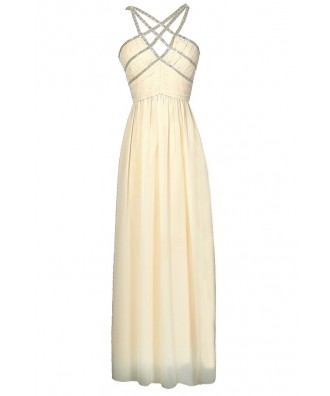 Beige Embellished Maxi Dress, Cute Ivory Beaded Prom Maxi Dress, Formal Beige Embellished Dress