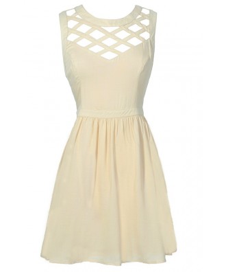Cute Beige Cutout Lattice Dress, Cute Beige Party Dress, Beige Summer Dress  