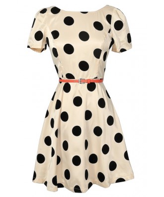 Cute Black and Beige Polka Dot Dress, Retro Polka Dot Dress, Black and Beige 1960s Polka Dot Dress, Black and Beige 1950s Polka Dot Dress