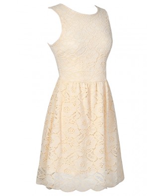 Ivory Lace A-Line Dress, Cute Ivory Lace Rehearsal Dinner Dress, Beige ...