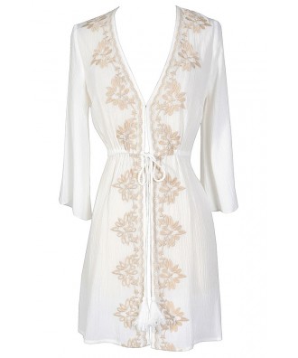 Cute Ivory Beach Coverup, Ivory and Beige Embroidered Beach Coverup, Beach Embroidered Coverup