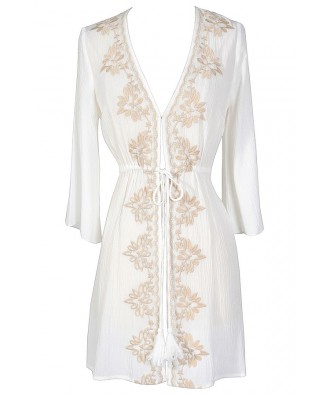 Cute Ivory Beach Coverup, Ivory and Beige Embroidered Beach Coverup, Beach Embroidered Coverup