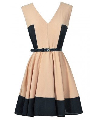 Beige and Navy Colorblock Dress, Navy and Taupe A-Line Dress, Navy and Beige Belted Colorblock Dress