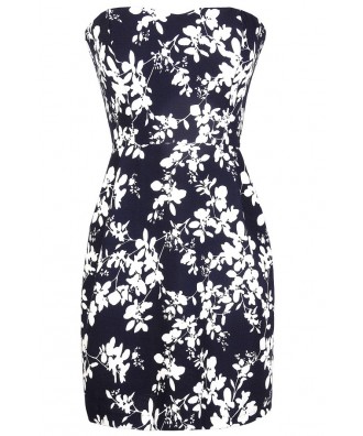 Navy and Ivory Floral Print Dress, Navy and White Sundress, Strapless Navy Summer Dress, Navy Floral Print Dress, Blue Floral Print Dress, Ivory and Blue Floral Print Sundress, Cute Navy Summer Dress