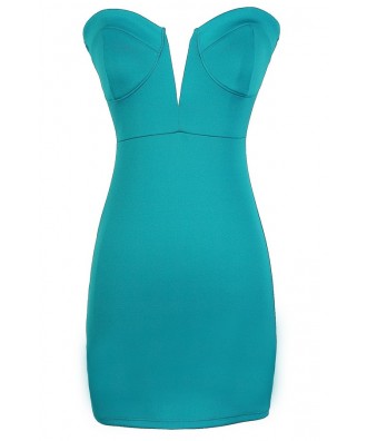 Sexy Teal Dress, Teal Bodycon Dress, Teal Bustier Dress, Teal Plunging Neckline Dress, Teal Club Dress, Cute Teal Dress