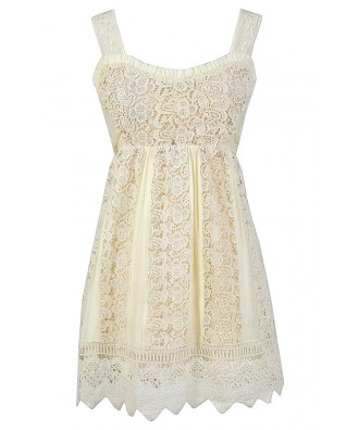 Bohemian Crochet Lace Dress, Cute Summer Dress, Beige Crochet Lace ...