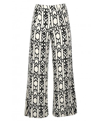 Black and Ivory Print Palazzo Pants, Black and Ivory Printed Wide Leg ...